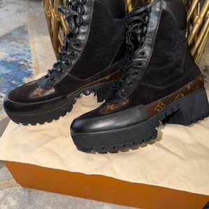 Louis Vuitton Black and Brown Monogram Lug-Sole Combat Boots